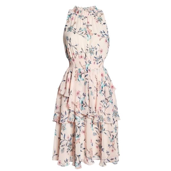 Women’s Size 16 Eliza J Floral Tiered Ruffle Halter Dress Pink Blue - Picture 1 of 7